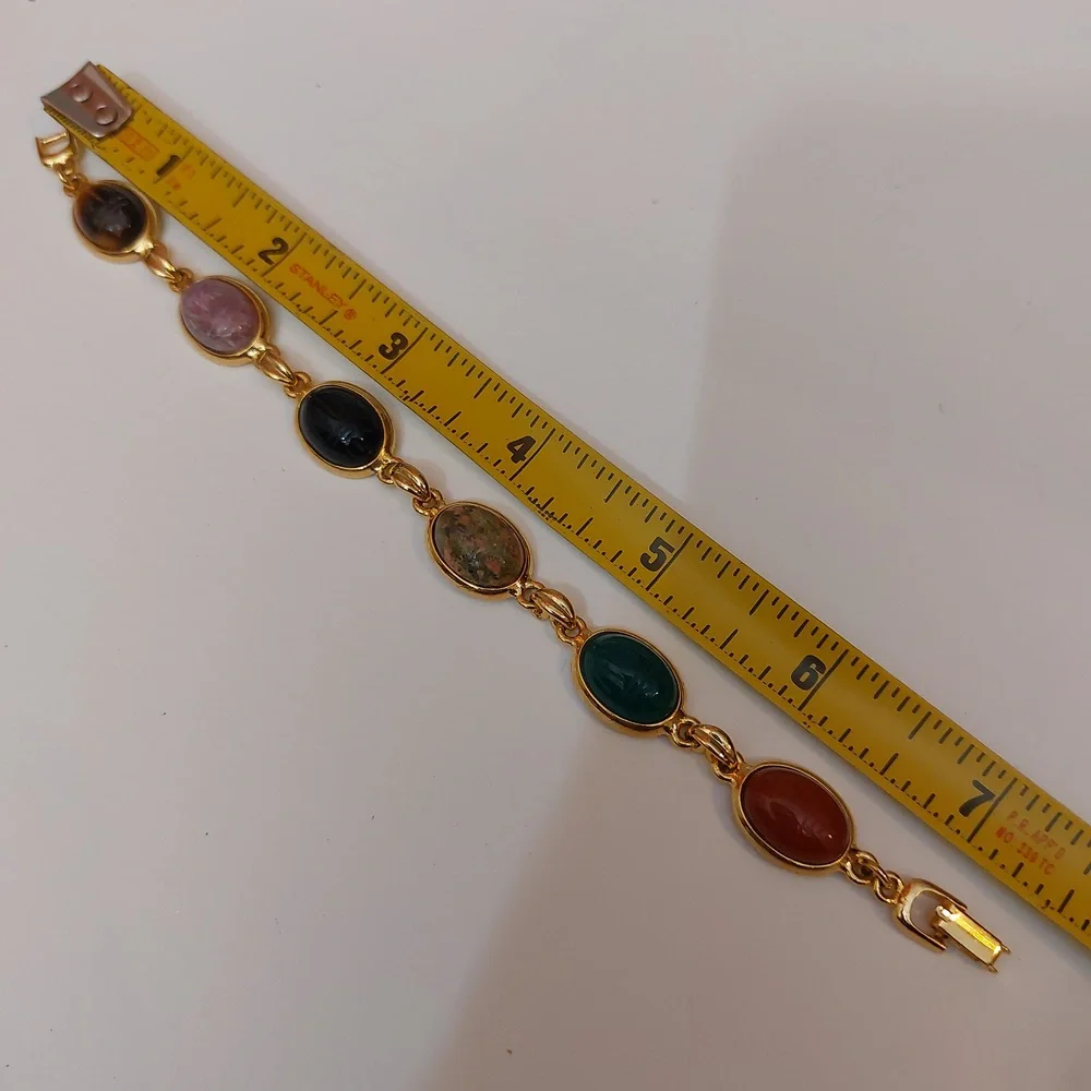 Multi Stones Scarab Bracelet Gold Tone Links Semiprecious Gems - Picture 6 of 9